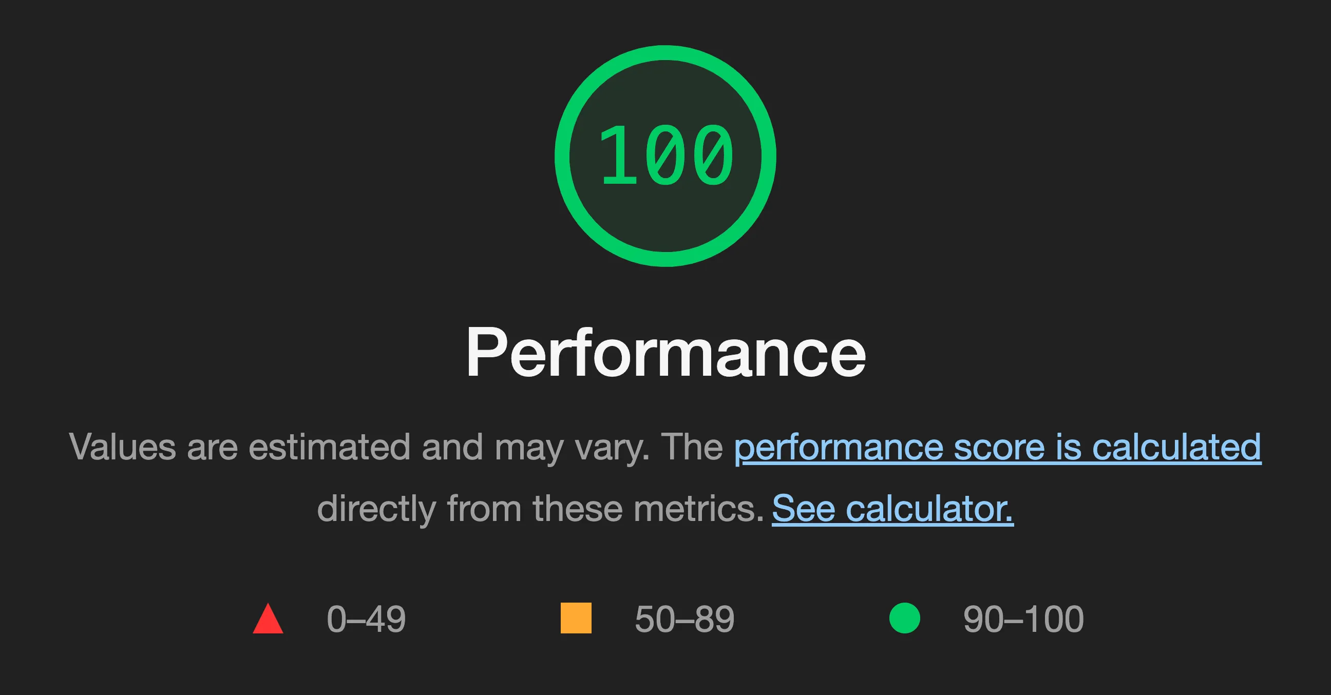 Lighthouse Performance gauge reading 100 in a green ring, with the scoring legend below it: red 0 to 49, orange 50 to 89, green 90 to 100