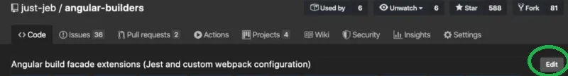 The GitHub header of the just-jeb/angular-builders repository in dark theme, with the tab row Code, Issues 36, Pull requests 2, Actions, Projects 4, Wiki, Security, Insights, Settings above the description line “Angular build facade extensions (Jest and custom webpack configuration)”, and the Edit button at the far right circled in green