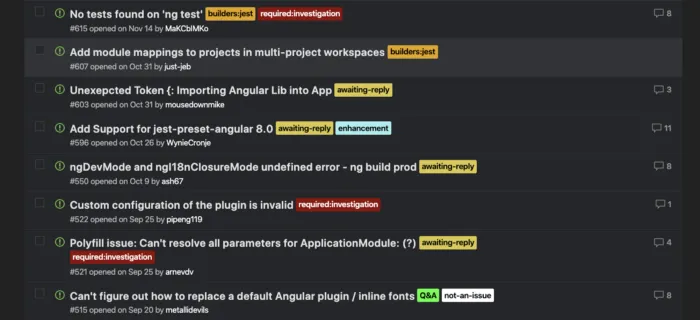 The GitHub issues list of the just-jeb/angular-builders repository, every open issue carrying colour-coded labels: builders:jest and required:investigation on “No tests found on ‘ng test’”, awaiting-reply and enhancement on “Add Support for jest-preset-angular 8.0”, and Q&A with not-an-issue on a question about replacing a default Angular plugin