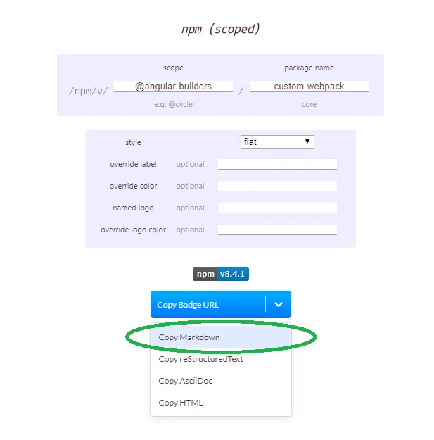 The shields.io badge builder for an npm (scoped) badge, with scope @angular-builders and package name custom-webpack filled in, a style dropdown set to flat and empty optional fields for override label, override color, named logo and override logo color, the resulting npm v8.4.1 badge previewed underneath, and the Copy Badge URL dropdown open with its Copy Markdown entry circled in green above Copy reStructuredText, Copy AsciiDoc and Copy HTML