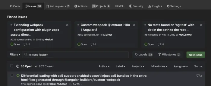 The top of the GitHub issues page for angular-builders showing three Pinned issues as cards above the list — “Extending webpack configuration with plugin zaps assets direc…”, “Custom webpack @ extract-i18n | Angular 8” and “No tests found on ‘ng test’ with dot in the path to the root…” — with the 36 Open / 202 Closed filter bar and the rest of the issues beneath them