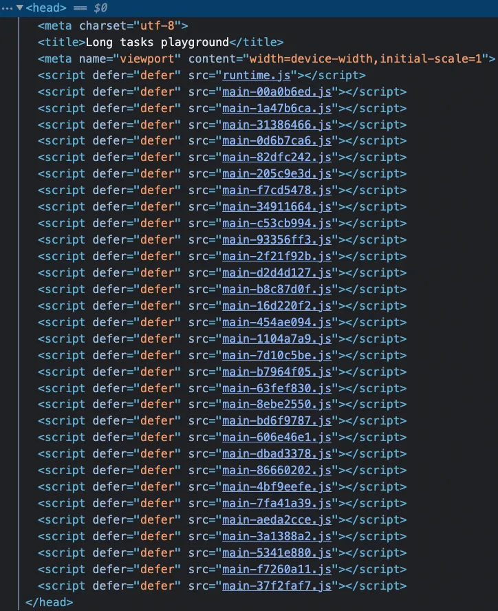Chrome DevTools Elements panel showing the generated head of the Long tasks playground page, where runtime.js is followed by about thirty deferred script tags named main-00a0b6ed.js, main-1a47b6ca.js, main-31386466.js and so on