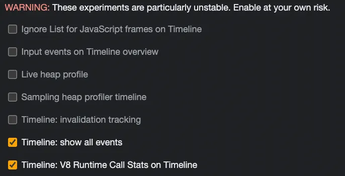 Chrome DevTools Settings Experiments panel, with the checkboxes for Timeline: show all events and Timeline: V8 Runtime Call Stats on Timeline ticked under a red warning that these experiments are particularly unstable