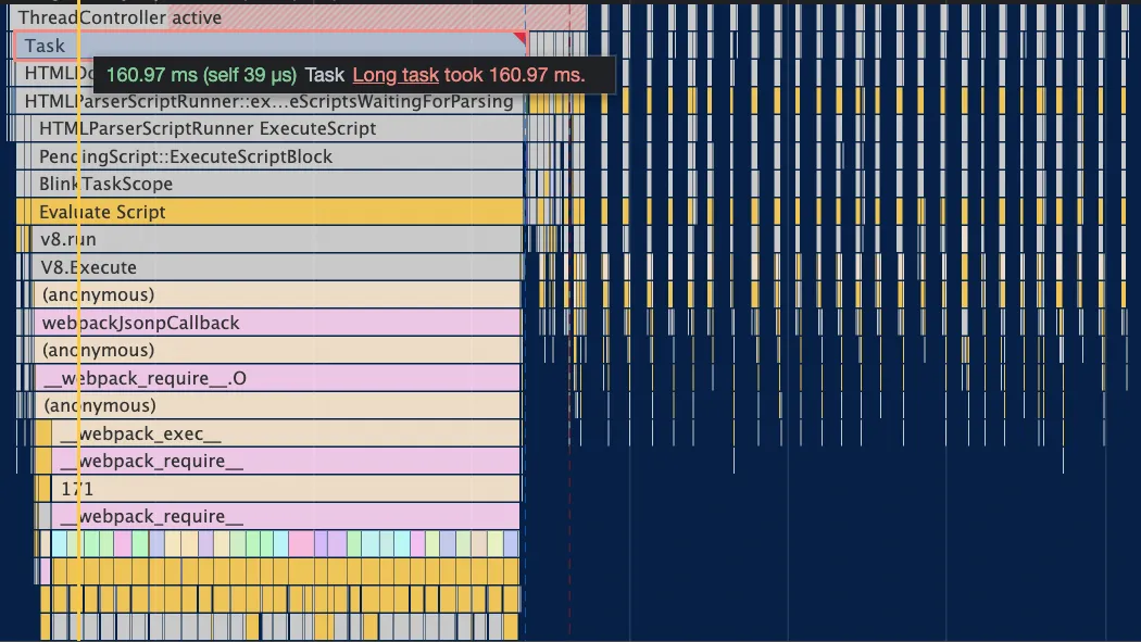 Chrome DevTools Performance trace of the split-sync-yield page with all events shown, where the tooltip reads Long task took 160.97 ms and the webpack stack under Evaluate Script is followed by a long series of narrow separate tasks stretching off to the right