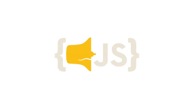 LibertyJS conference card: a yellow megaphone between curly braces, followed by JS, on white