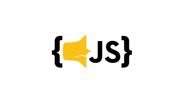 LibertyJS conference card: a yellow megaphone between curly braces, followed by JS, on white