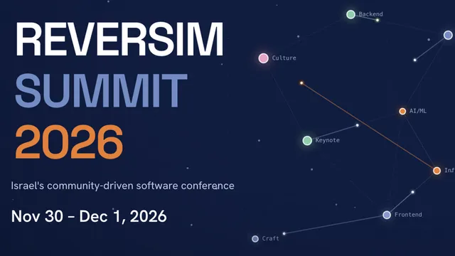 Reversim Summit 2026 conference card: the summit name and the dates Nov 30 – Dec 1, 2026, beside a map of connected topics on dark blue
